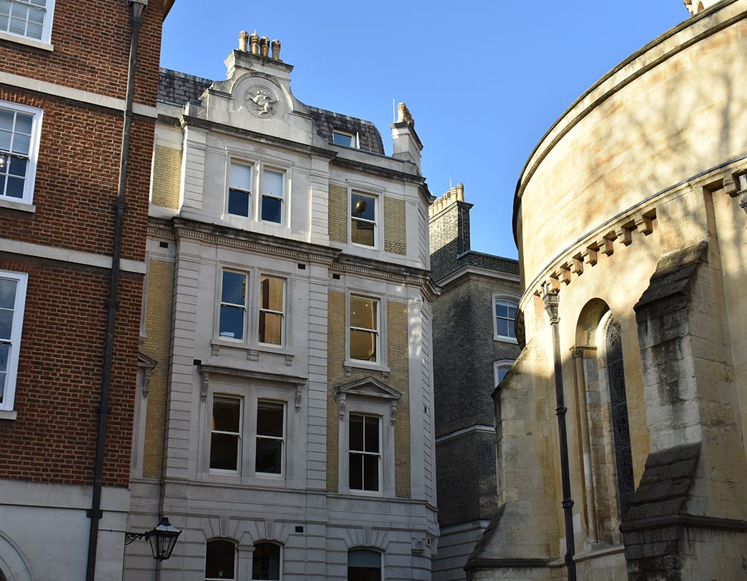 Close up of building architecture outside the Chambers.