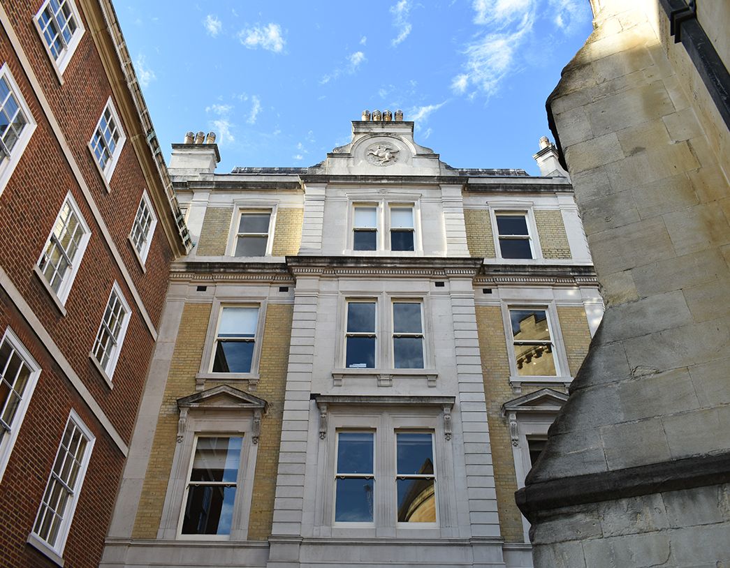 Close up of building architecture outside the Chambers.