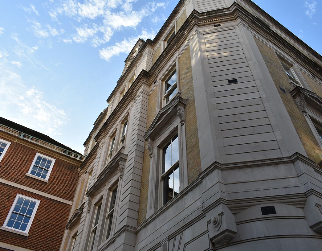 Close up of building architecture outside the Chambers.