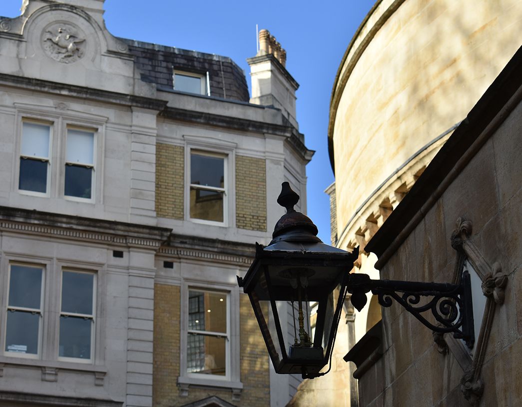 Close up of building architecture outside the Chambers.