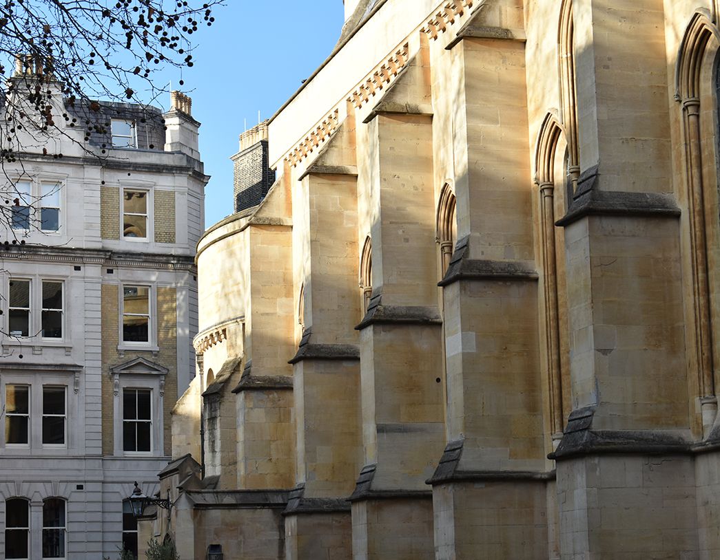Close up of building architecture outside the Chambers.