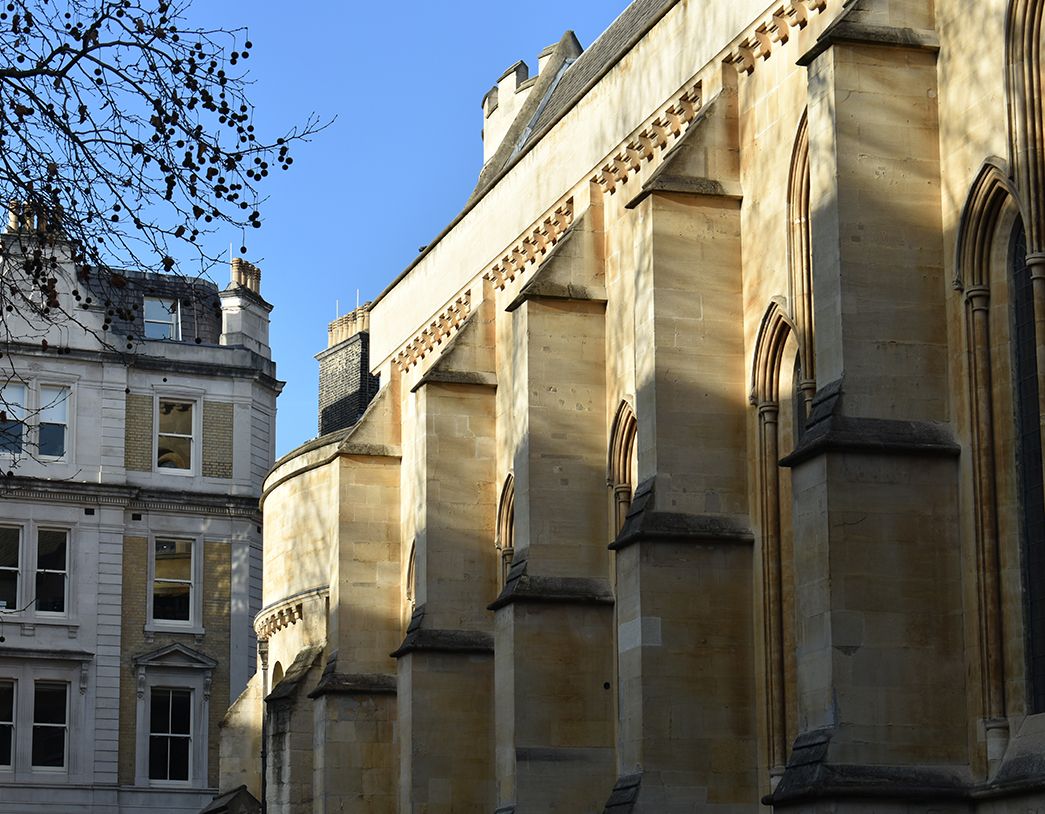 Close up of building architecture outside the Chambers.